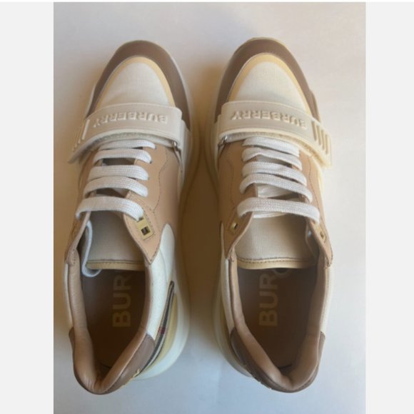 BURBERRY RAMSEY VANILLA CHECK LEATHER WOMENS LOW TOP SNEAKER 39.5 IT/ 9.5 US - Picture 5 of 10
